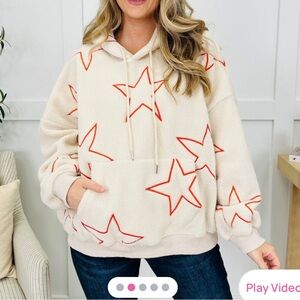 Easel Stargazer Sherpa Sweatshirt - Cream with Red Stars NWT